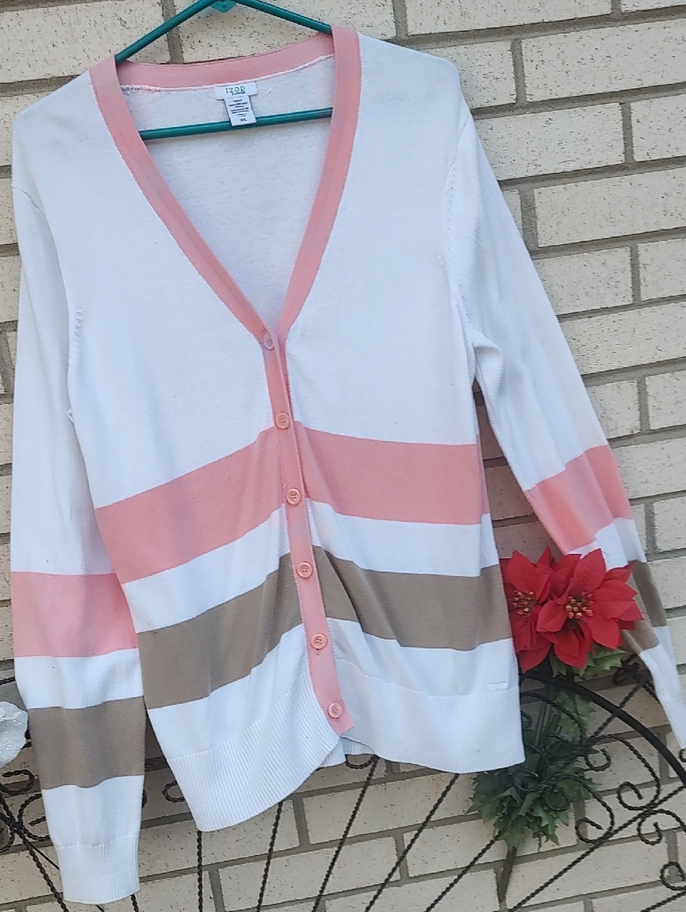 Izod White Pink and Tan Striped V-Neck Cardigan - Picture 5 of 9
